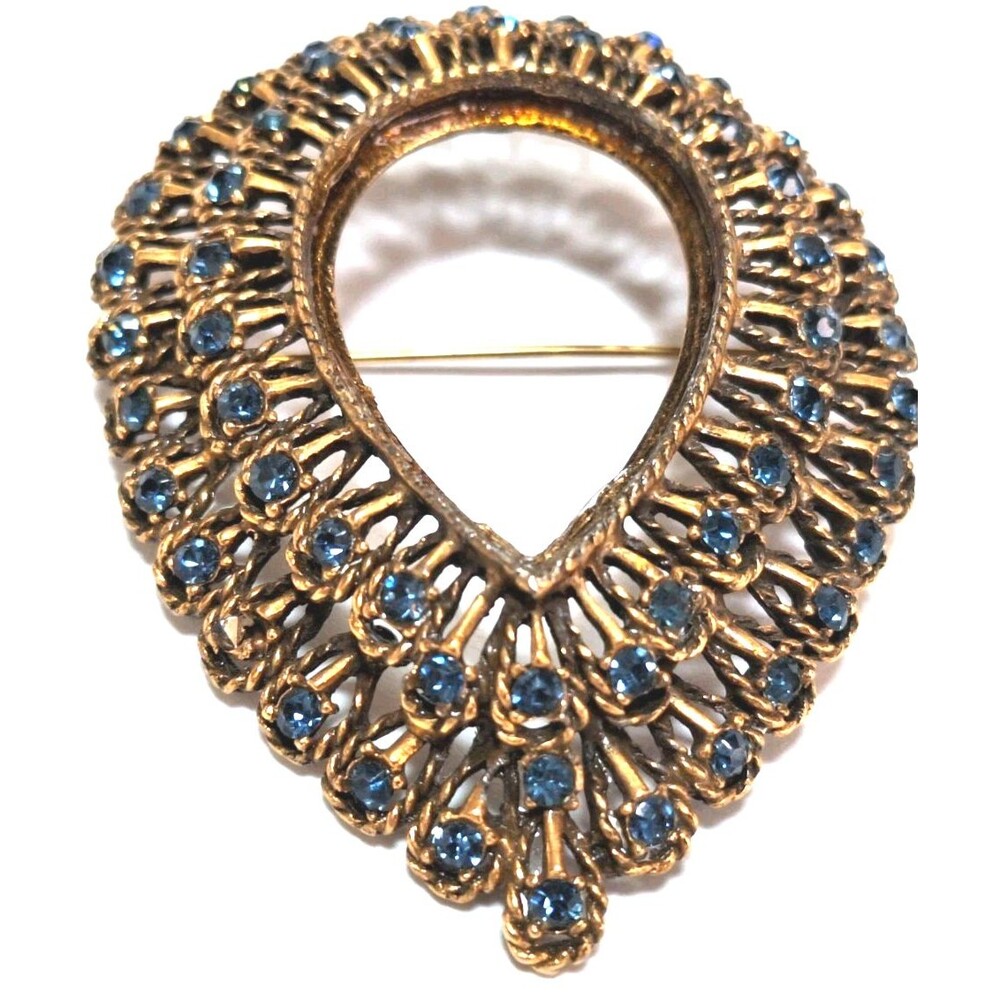 Vtg Vogue JLRY Reverse Teardrop Shaped Brooch - Gold Toned Blue Rhinestones